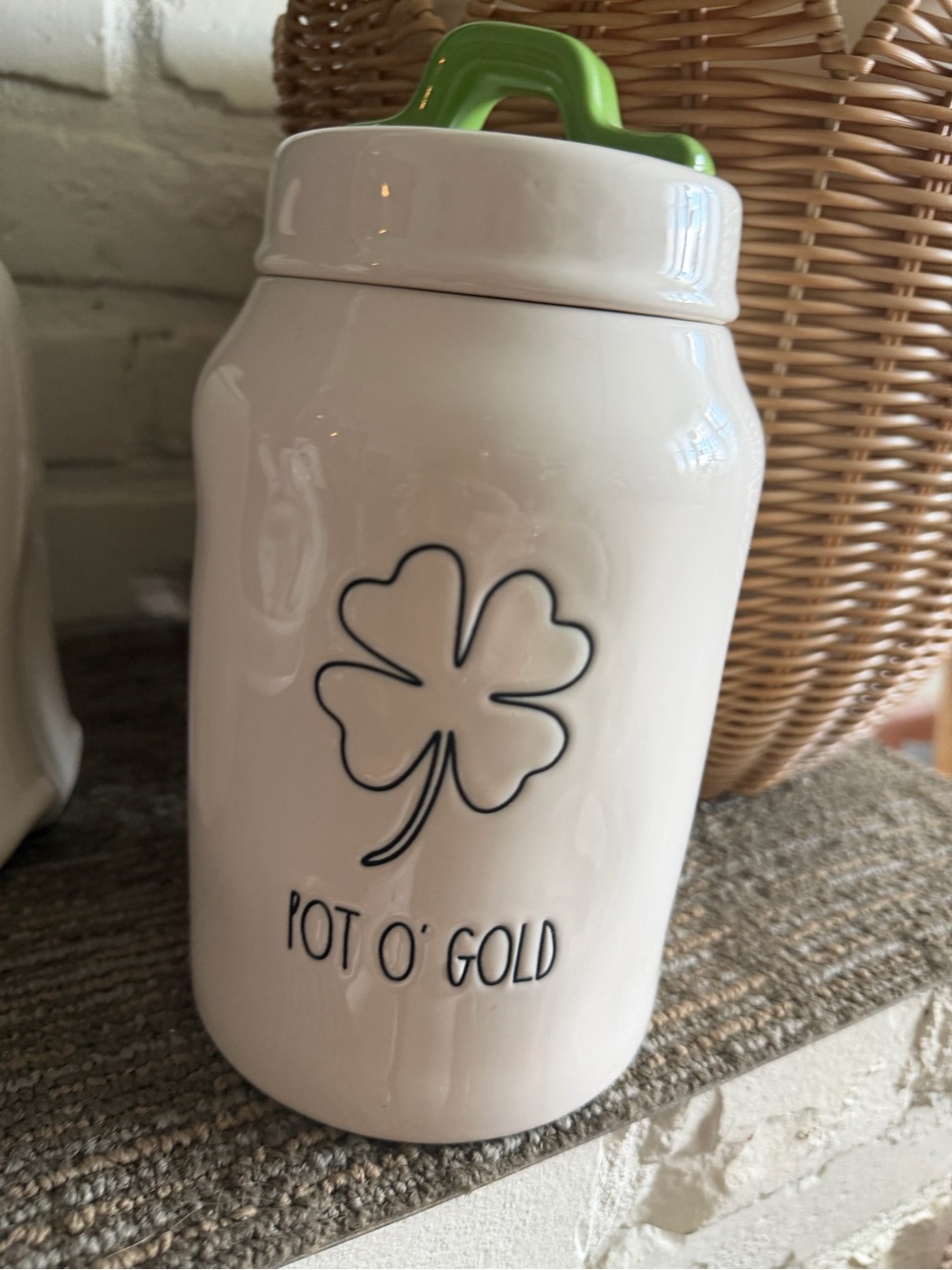 Rae Dunn White Ceramic 'Pot O' Gold' Canister with Green Lid